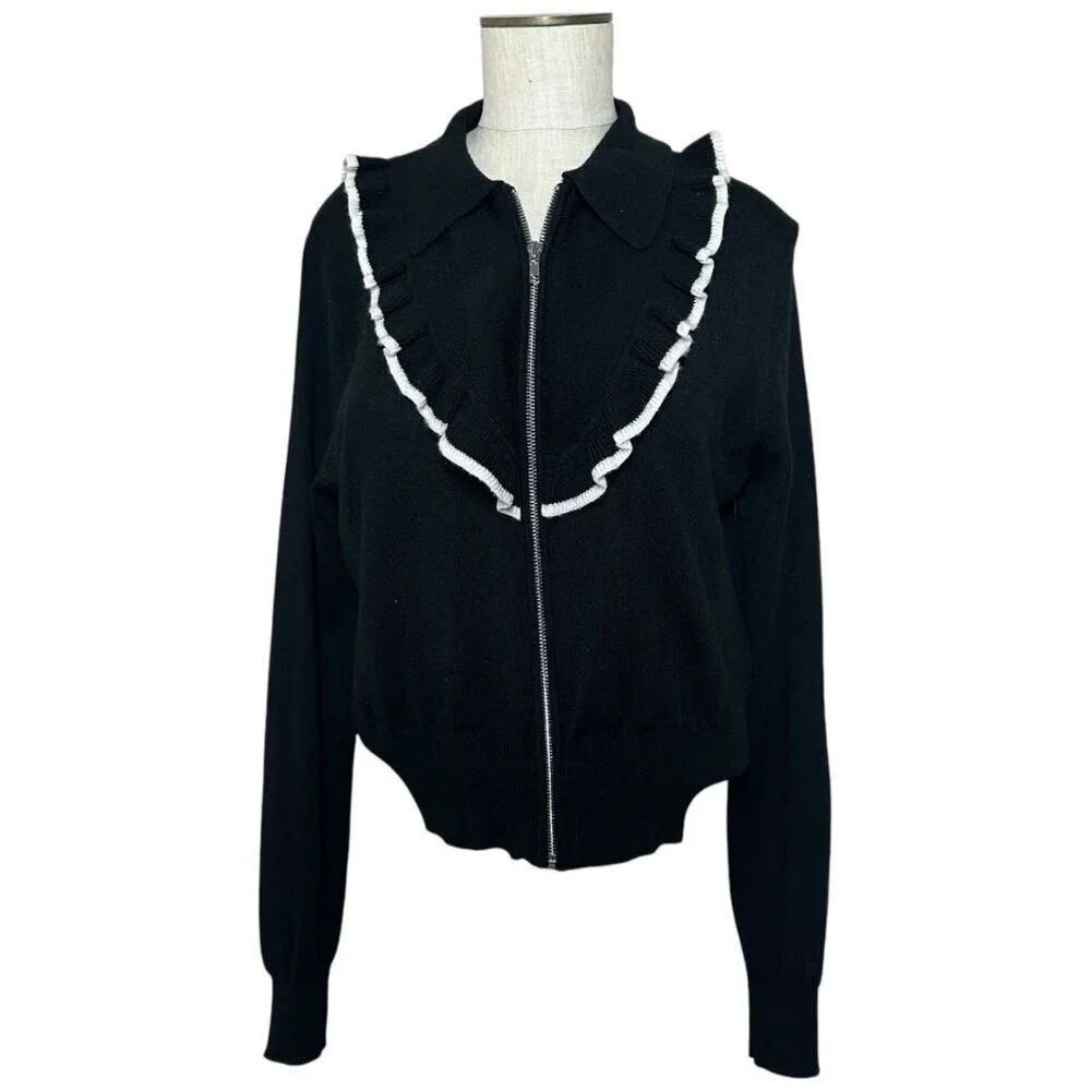 Sandro Paris Tao Ruffled Zip Up Cardigan Womens Size 3 US L Wool Romantic Luxe